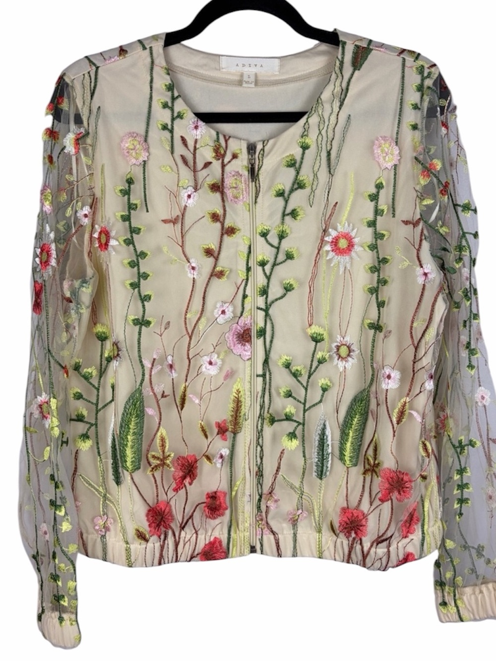 Adiva Floral Embroidered Mesh Bomber Jacket Ivory Large